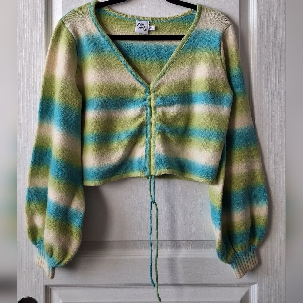Princess Polly M Balloon Sleeve Cropped V Neck‎ Tie Sweater Front Neon Festival